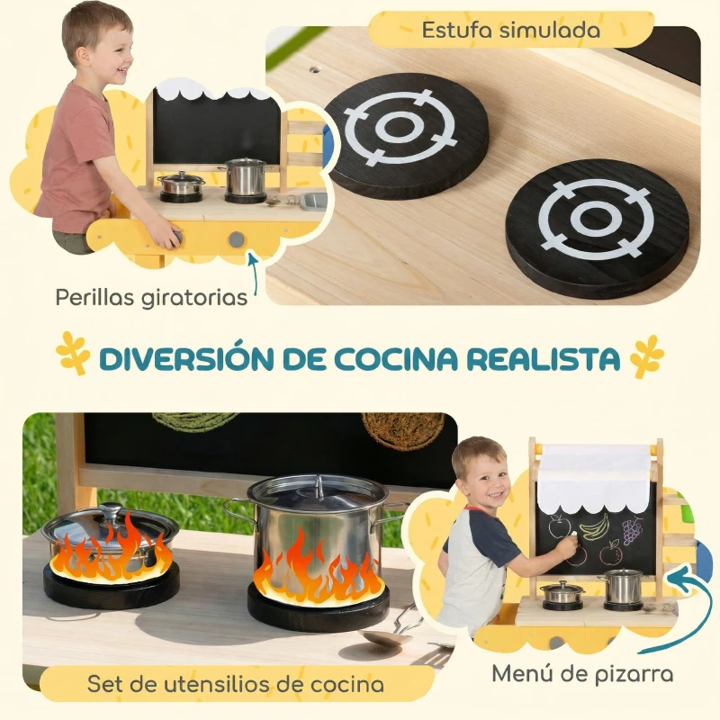 AIYAPLAY Cocina de Juguete Exterior de Madera con Ruedas Agua Real Macetas Pizarra y 15 Accesorios 84,2x34,4x90 cm Amarillo