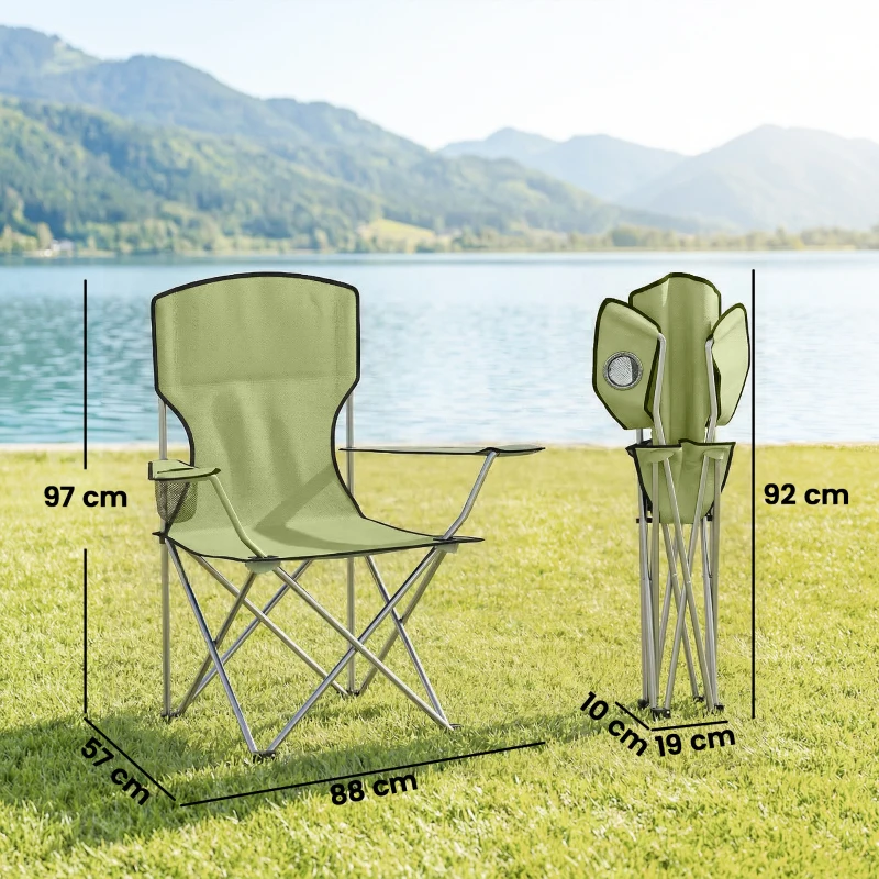 Outsunny Camping Chair Set of 2 Portable Folding Outdoor Camp Chair with Cup Holders and Carry Bag Green