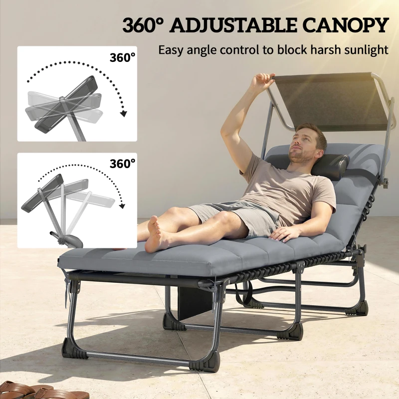 Outsunny Folding Sun Loungers Set of 2 with Canopy, Reclining Sunbed with Cushion, Side Pocket, Carrying Handle, Light Grey