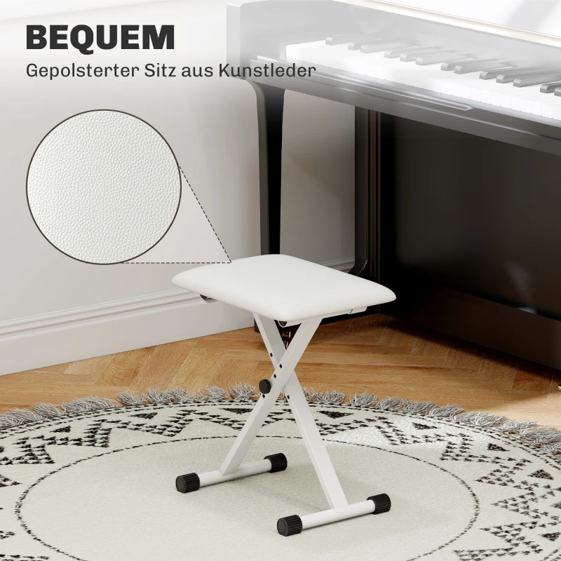 HOMCOM Pianokruk Verstelbare Inklapbare X-vormige Pianobank met Kunstlederen Kussen 39 x 29 x 37-47 cm Wit