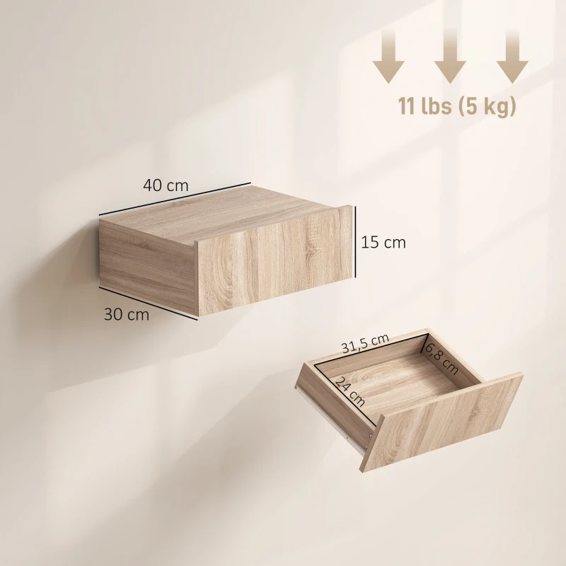 HOMCOM Conjunto de 2 Mesas de Cabeceira Flutuantes com 1 Gaveta para Quarto 40x30x15 cm Carvalho