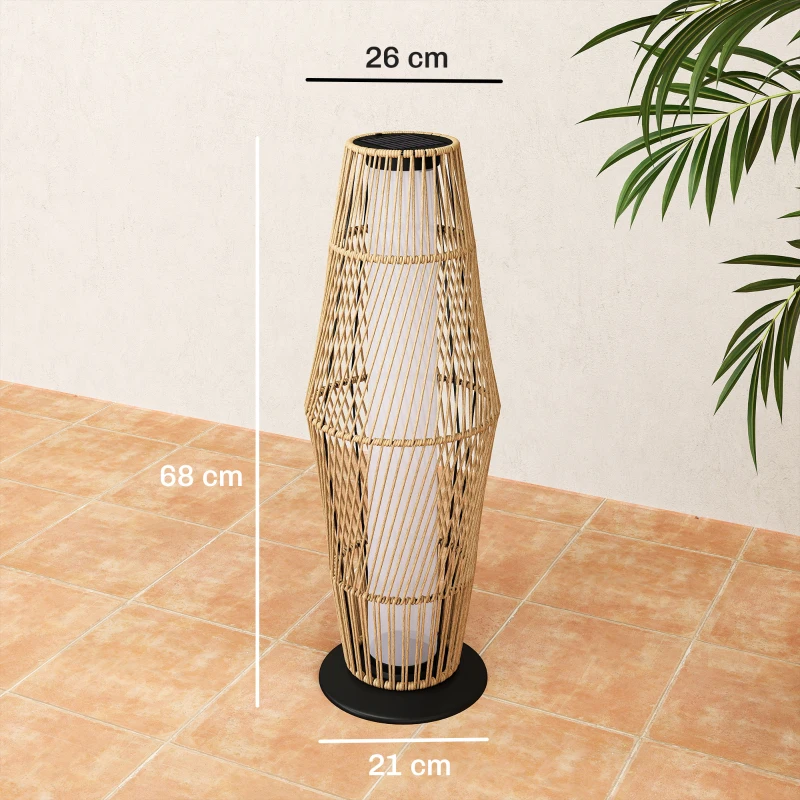 Outsunny Lanterne Solaire Extérieure en Résine Tressée avec Capteur de Lumière, pour Jardin Patio, 26x26x68cm, Sable