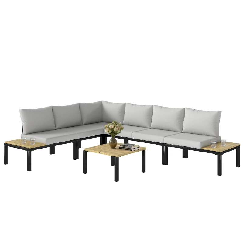 Outsunny Salón de Jardín Modular 6 Piezas Conjunto de Sofá Exterior Convertible en Cama Mesa de Centro y Bandejas Laterales Gris