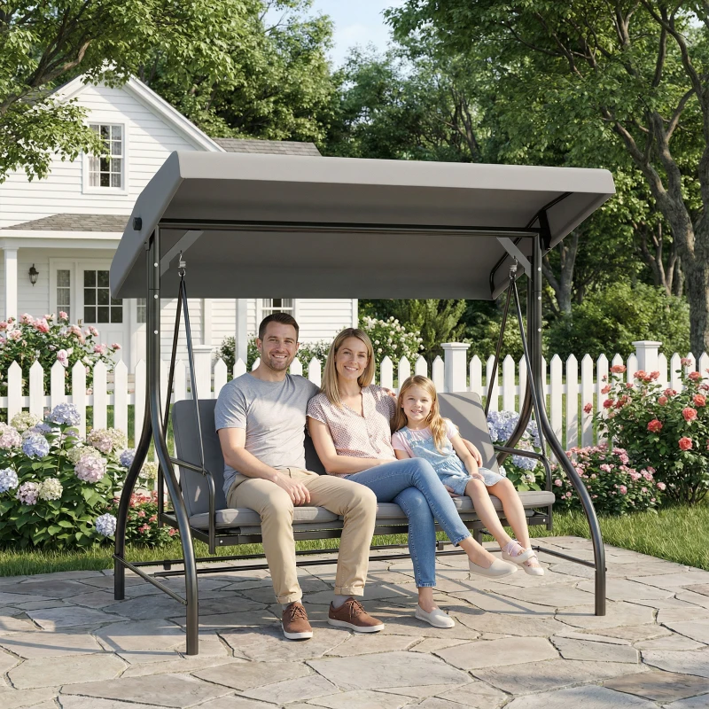 Outsunny 3 Seater Canopy Swing Chair, 2 in 1 Garden Swing Seat Bed, with Adjustable Canopy and Metal Frame, Light Grey
