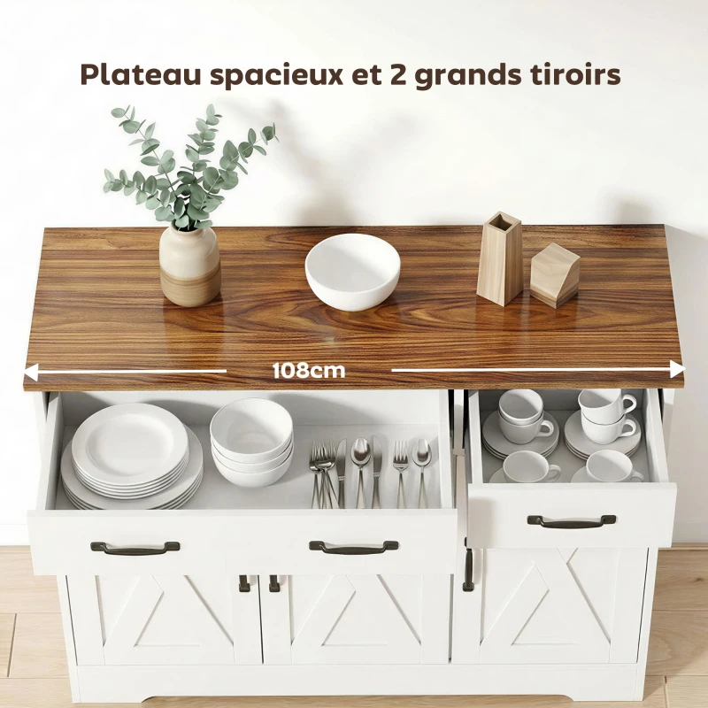 HOMCOM Buffet cuisine, meuble de rangement avec 3 portes de grange, 2 tiroirs et étagères réglables, 108 x 40 x 81 cm, blanc