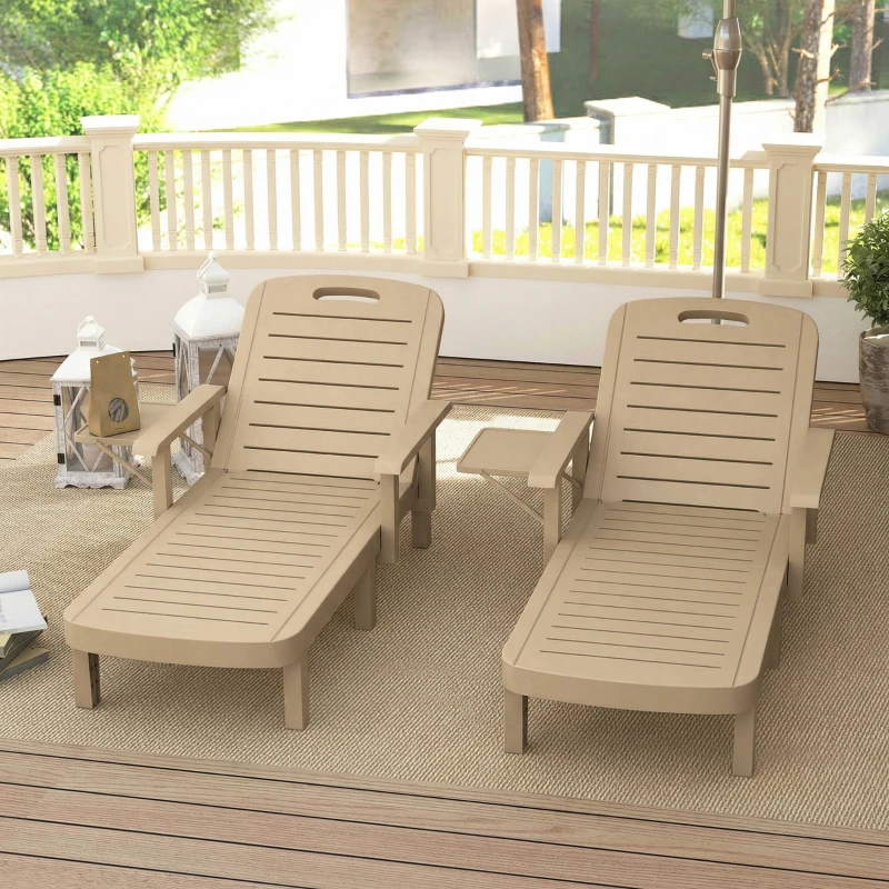 Outsunny Set of 2 Reclining Sun Loungers, 5 Positions Adjustable Outdoor Chaise Lounge Chair with Armrests, Khaki