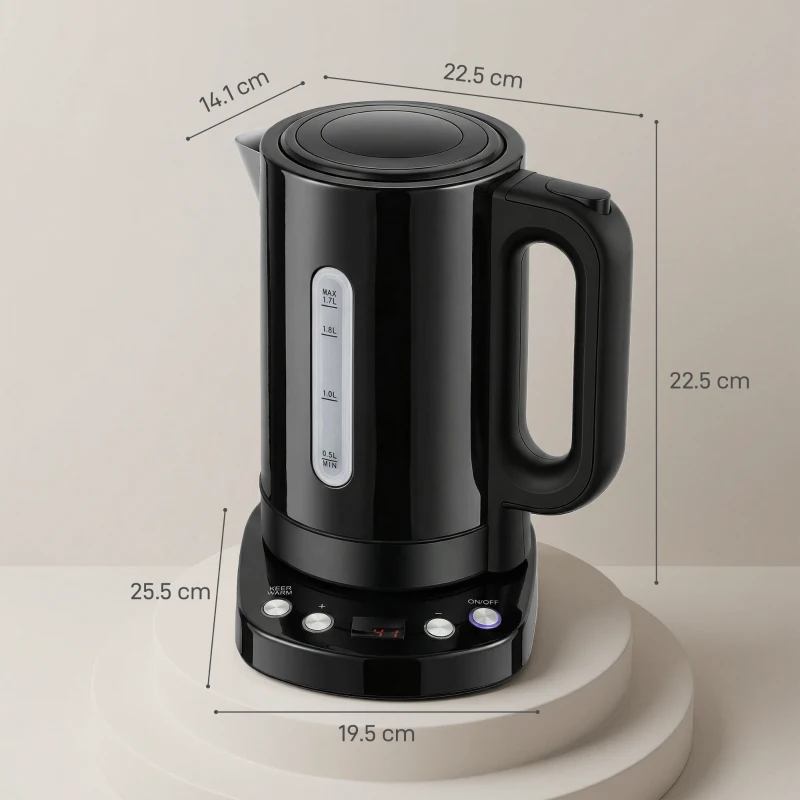HOMCOM Electric Kettle, 1.7L, Fast Boil, 3kW Water Kettle with UK Strix Thermostat, Keep Warm Function, LCD Base, Black