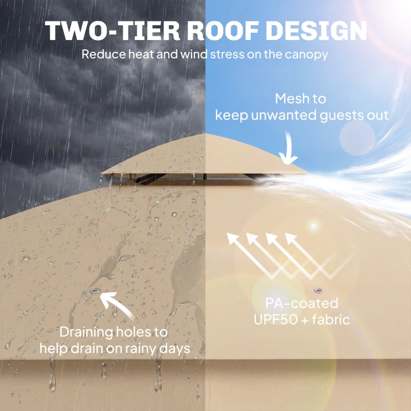 Outsunny 3 x 3 m Outdoor Garden Gazebo with Post Shelves, UPF50+ Double Roof Patio Permanent Pavilion, Brown