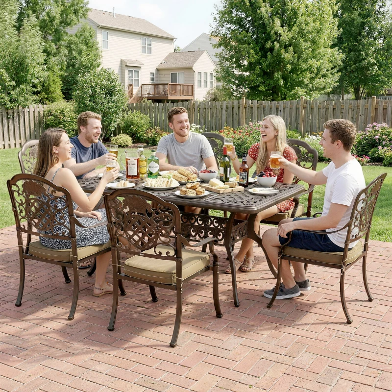 Outsunny Garden Dining Set for 6, Cast Aluminium Outdoor Table and Chairs Set with Cushions, Parasol Hole for Patio, Bronze Tone
