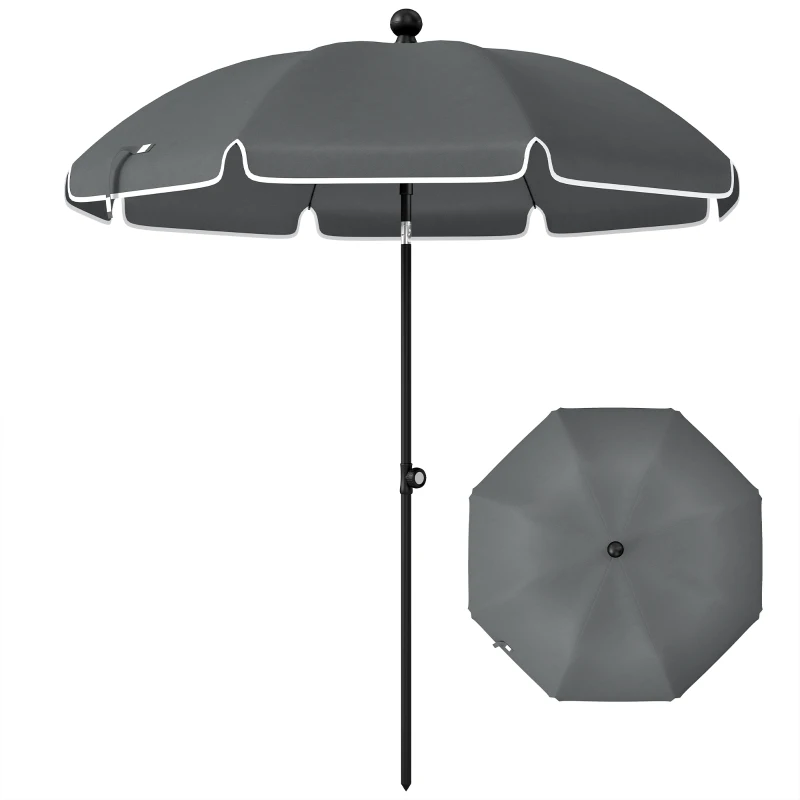 Outsunny 1.8 m Beach Umbrella Parasol with Sand Anchor, Portable 30° Tilting Patio Sun Shade with Adjustable Height, Dark Grey