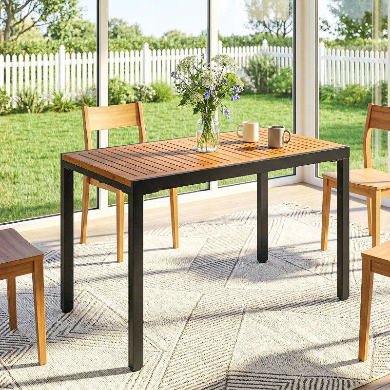 Outsunny Table de Jardin Extensible 100/150x70 cm en Bois et Métal avec Trou pour Parasol pour 4-6 Personnes Teck