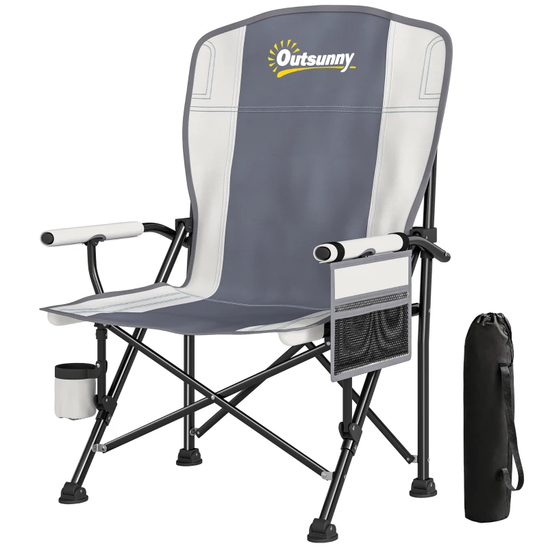 Outsunny Padded Camping Chair Adults Heavy Duty Folding Chair Side Pocket Cup Holder Carry Bag Outdoor Light Grey
