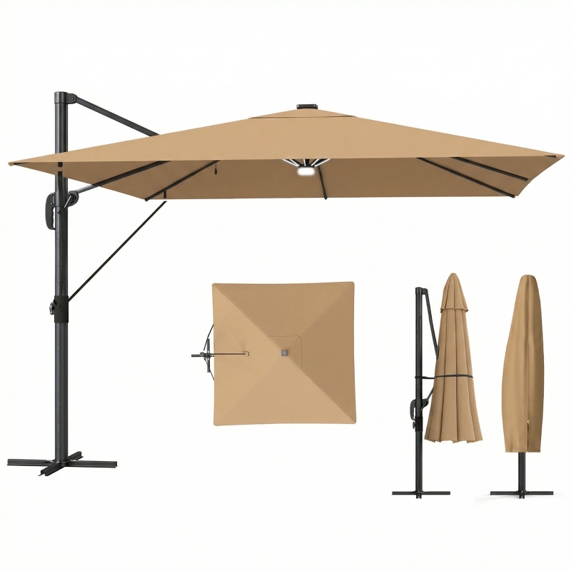 Outsunny 3 x 3 m Garden Cantilever Parasol with Light, Umbrella with Wind Protection, 360° Rotation, Khaki
