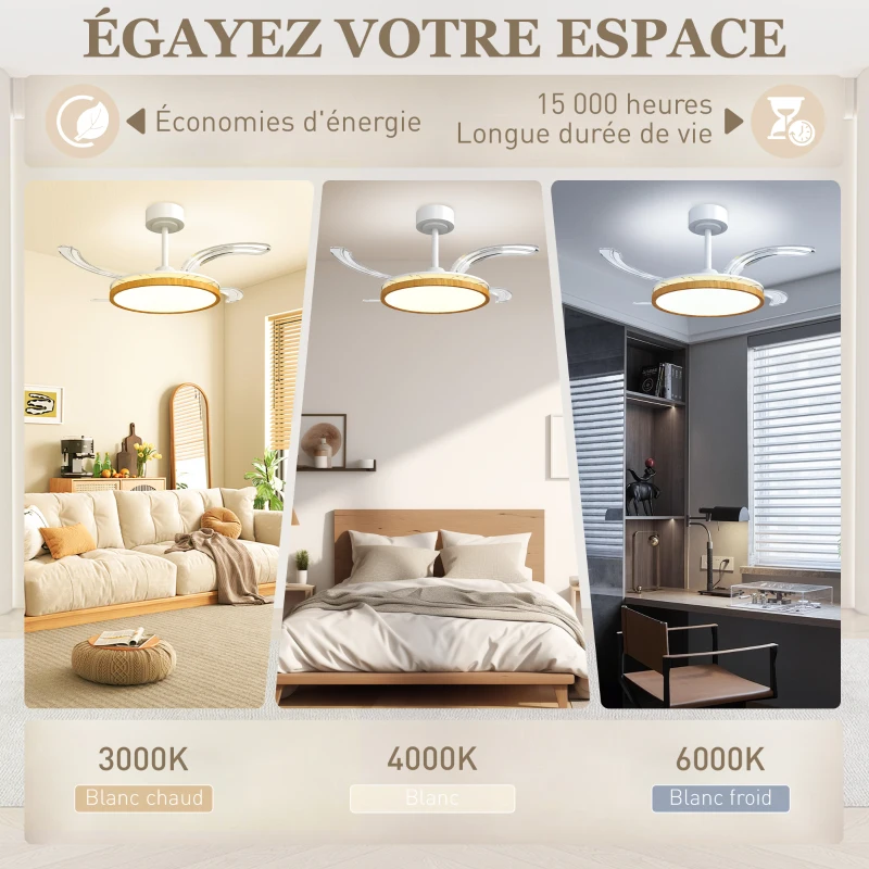 HOMCOM Ventilateur de plafond avec lumière et télécommande, plafonnier ventilateur 95 cm avec pales rétractables, bois naturel