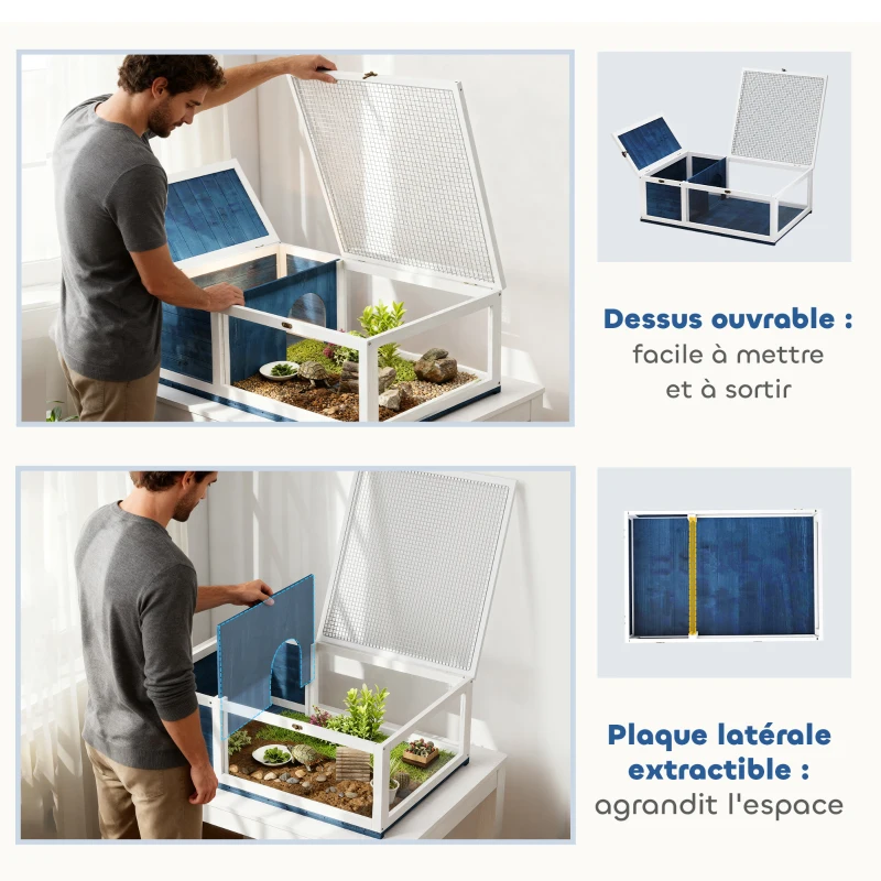 PawHut Maison enclos cage habitat pour petit animal tortues avec 2 espaces 91 x 60,5 x 32 cm bois massif bleu