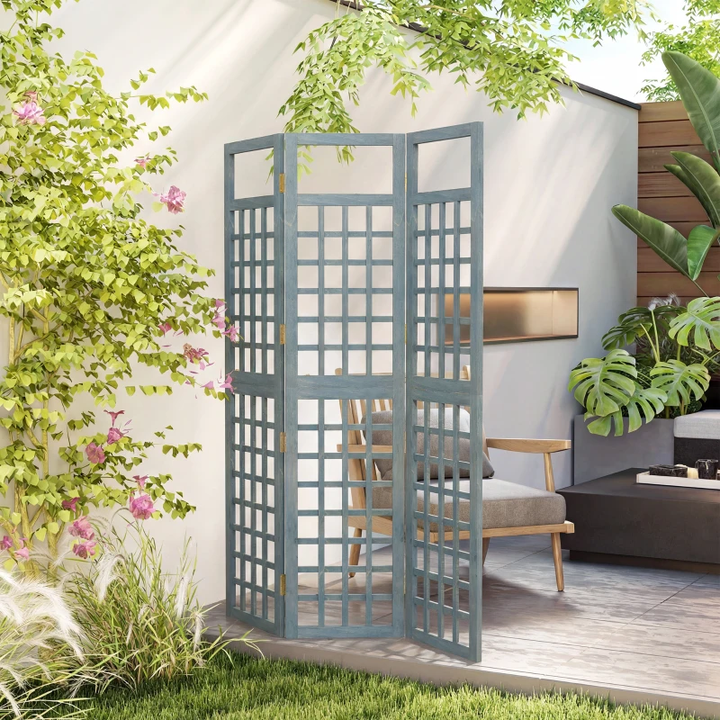 Outsunny 3-Panel Garden Privacy Screen, Freestanding Foldable Wooden Outdoor Divider/Trellis, Decorative Privacy Screen, Grey