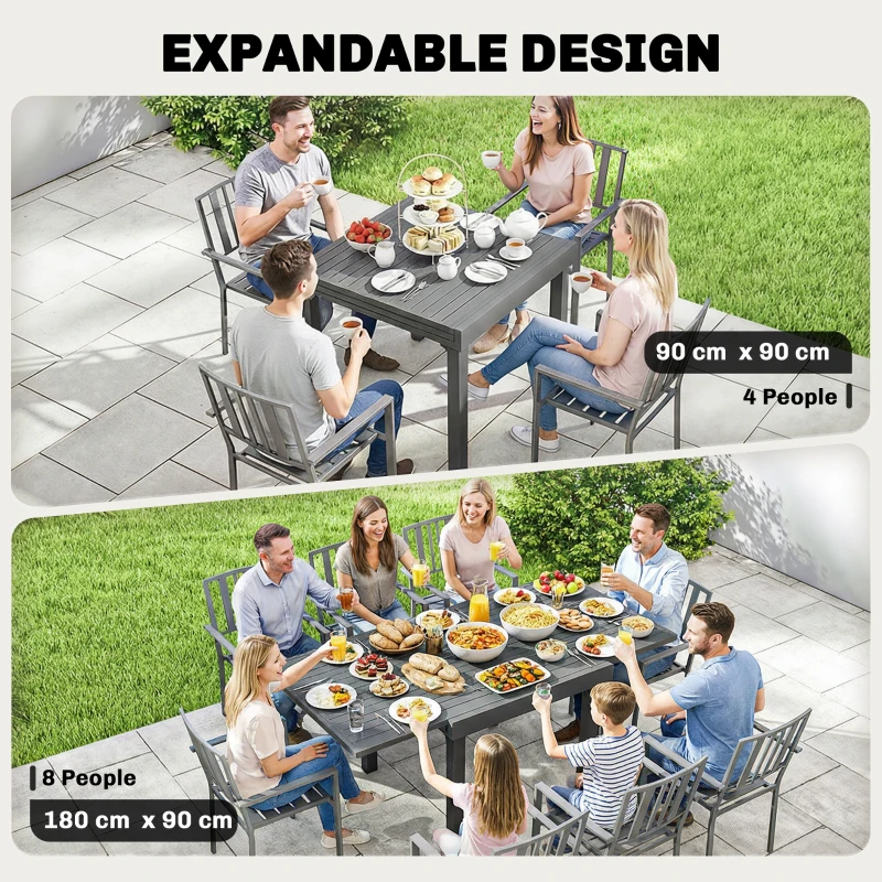 Outsunny Extending Garden Table for 4-8 People, Aluminium Outdoor Dining Table with Slatted Top, Dark Grey