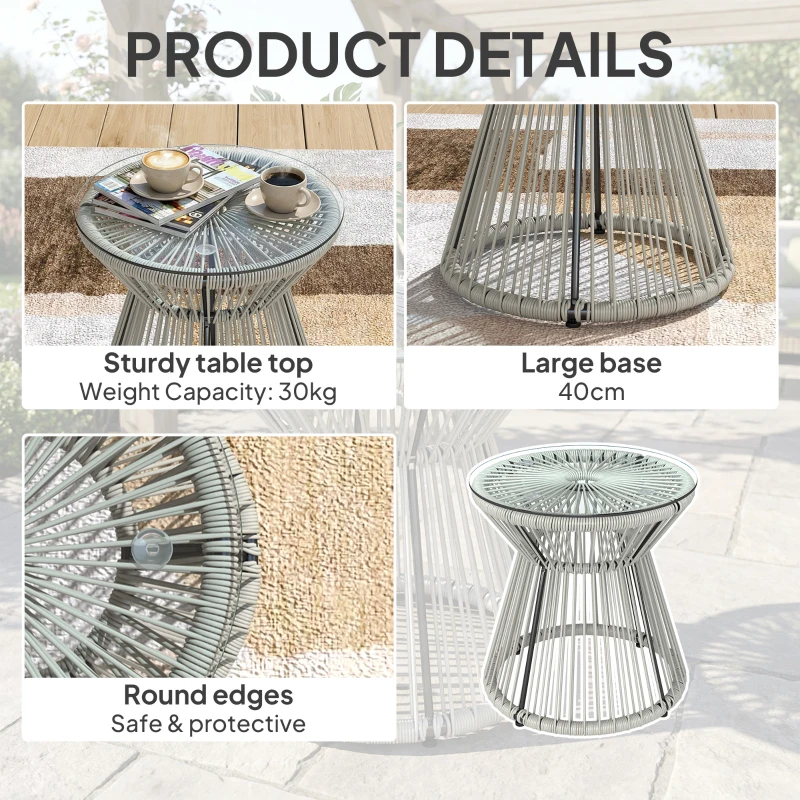 Outsunny Rattan Outdoor Coffee Table, PE Rattan Wicker Bistro Side Table with Tempered Glass Top, Light Grey
