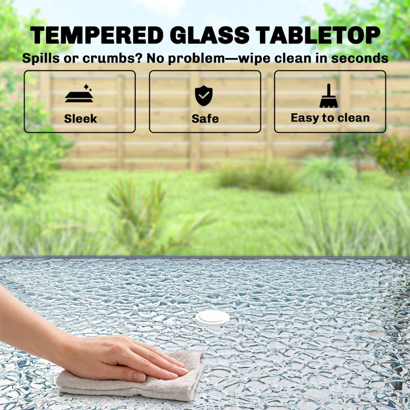 Outsunny 8 Piece Garden Dining Set with Umbrella Garden Furniture Set with 6 Folding Chairs, Tempered Glass Table for Patio Cream