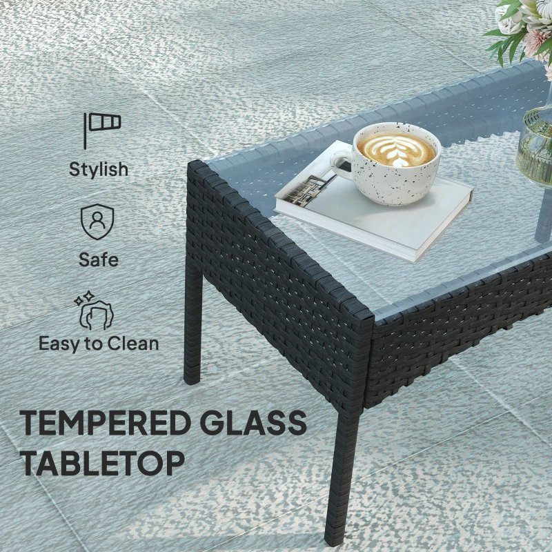 Outsunny 4 Piece Rattan Garden Furniture Sofa Set with Loveseat, Armchairs, Glass-Top Coffee Table and Cushions, Black