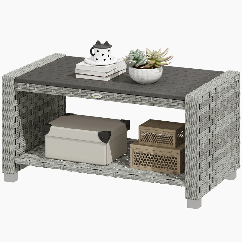 Outsunny Outdoor Coffee Table with Storage Shelf, PE Rattan Side Table with Slatted Top and Foot Pads, Grey