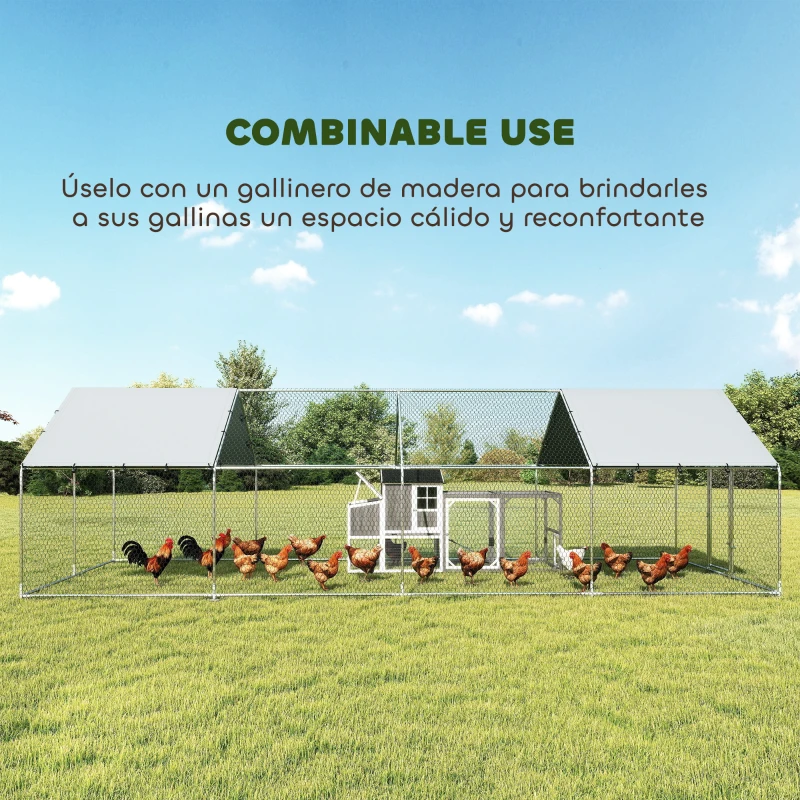 PawHut Gallinero para Exterior Grande de Acero Galvanizado 6,8x3x1,9 m 20,4 m² con Cubierta Tela Oxford y Cerradura Plata