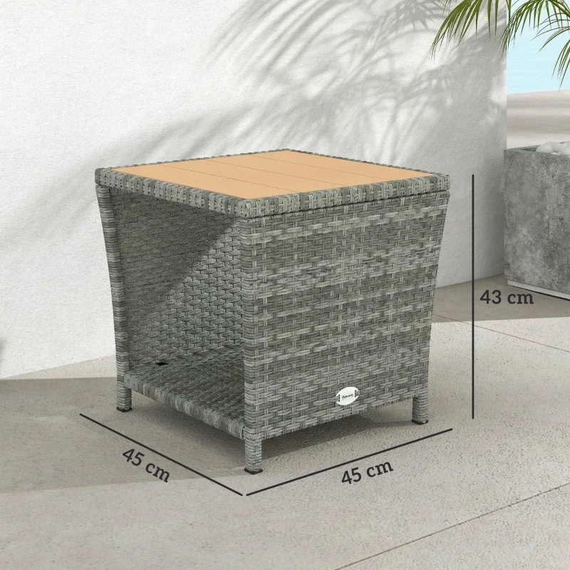 Outsunny Side Table 2-Tier Outdoor Coffee Table with Storage Shelf PS Wood Slat Top/Light Grey