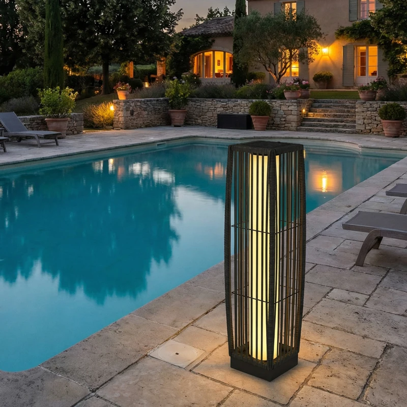 Outsunny Solar Rattan Floor Lamp, Outdoor Garden Lantern with Auto On/Off LED Lights, IP44 for Patio, Terrace, Dark Grey