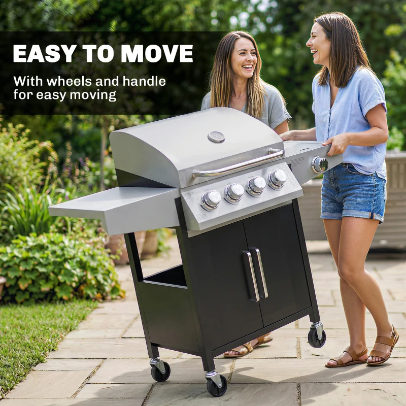 Outsunny 4+1 Burner Gas BBQ Grill with Side Burner, 50000 BTU Steel Portable Gas Barbecue Grill with Built-in Thermometer, Lid