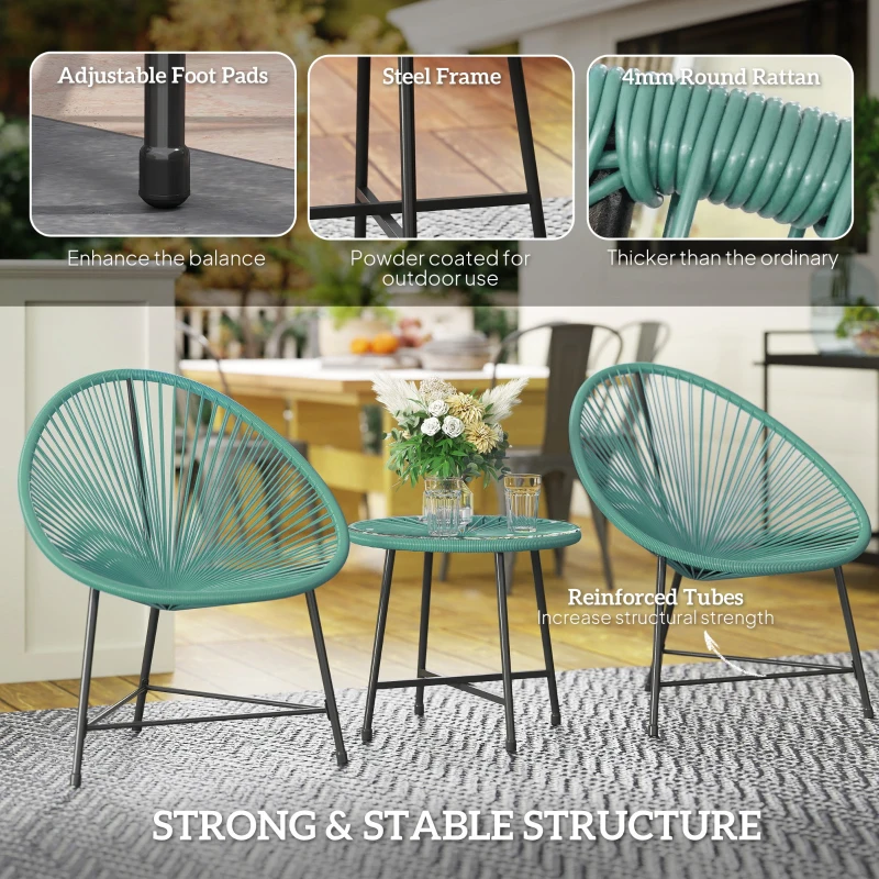 Outsunny Rattan Bistro Set with Acapulco Chairs and Glass Table, Green
