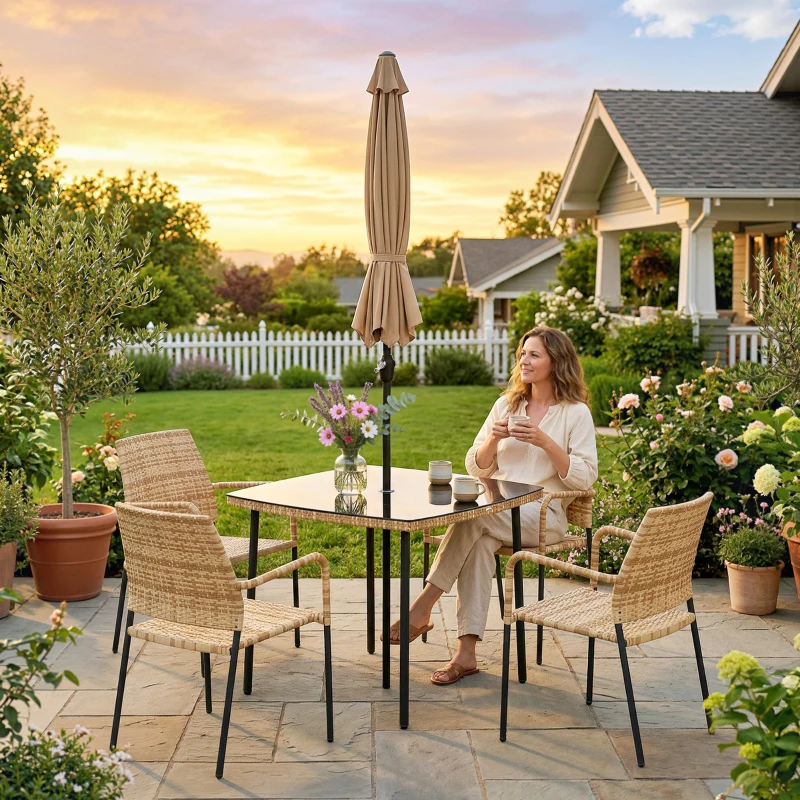 Outsunny 4 Seater Rattan Dining Set with Parasol, 6 Piece Garden Table and Stackable Chairs with Tempered Glass Tabletop