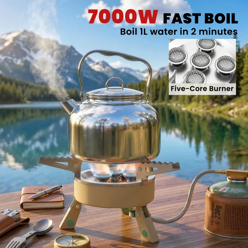 Outsunny 7000W Camping Stove with Piezo Ignition, High Power Gas Stove with 50kg Capacity and Carry Bag for Outdoor Hiking Khaki