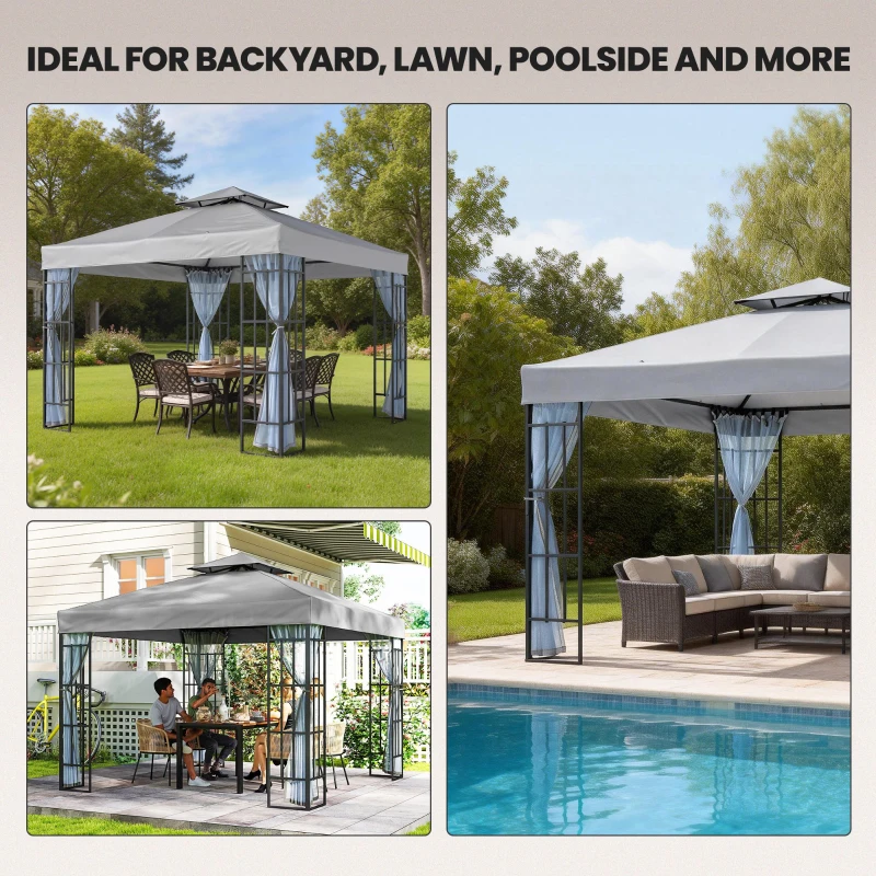 Outsunny 3 x 3(m) Patio Gazebo Canopy Garden Pavilion Tent Shelter with 2 Tier Roof and Mosquito Netting, Light Grey