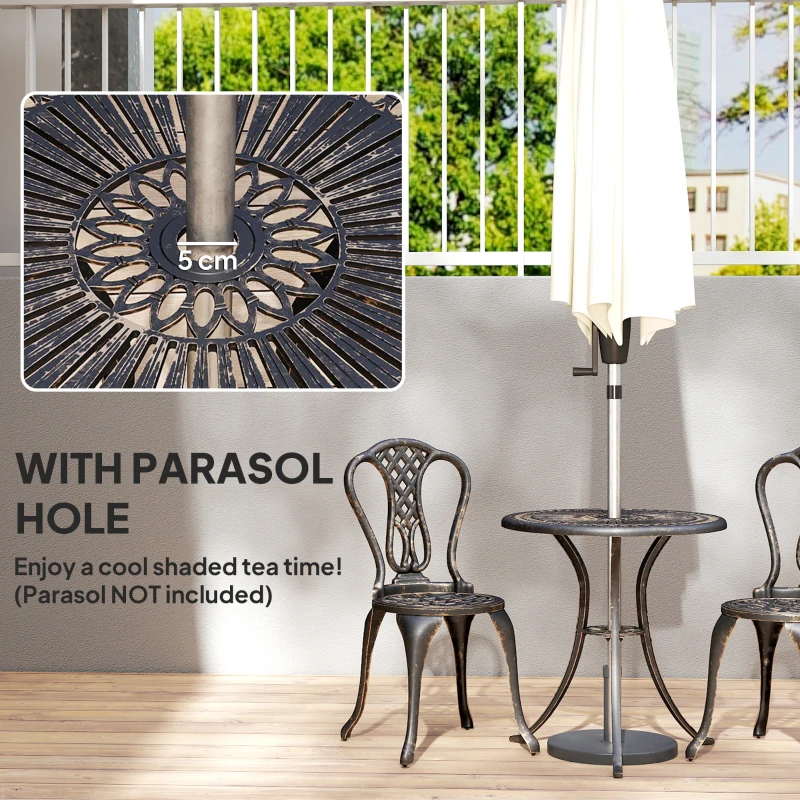 Outsunny Outdoor Bistro Set for 2 Cast Aluminium Patio Furniture with Round Table Umbrella Hole Brown