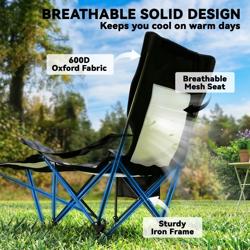 Outsunny Camping Chair Reclining Portable Camp Chair with Detachable Footrest Cup Holder Black
