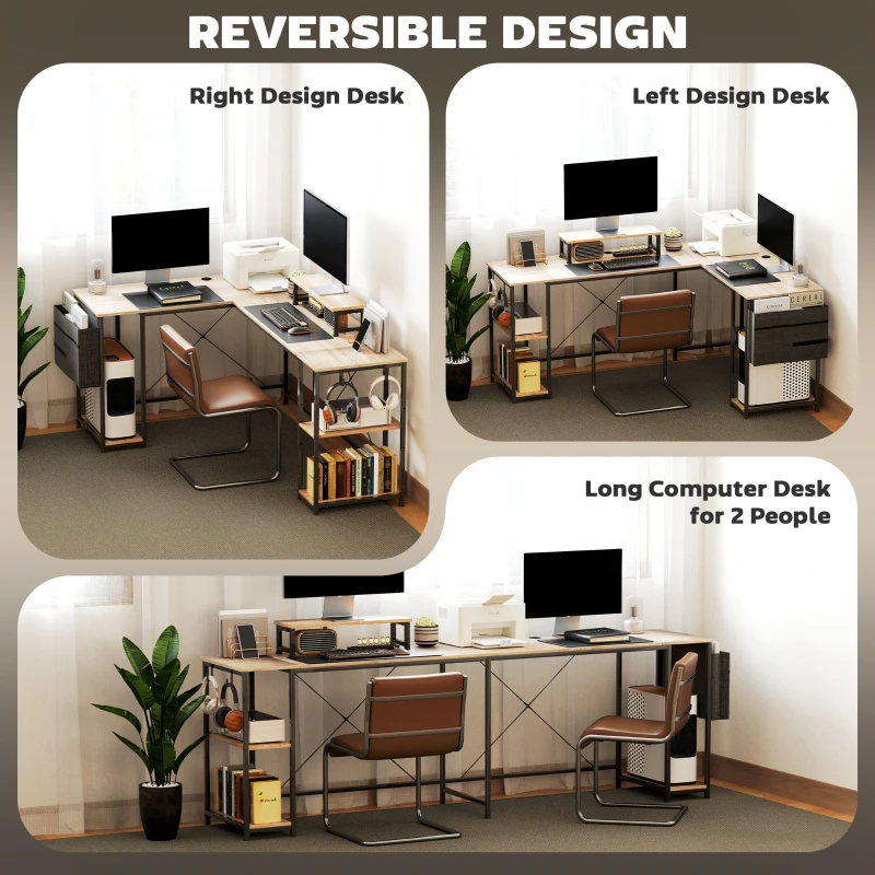 HOMCOM Biurko narożne w kształcie litery L, wszechstronny stół biurowy z regulowanymi półkami i torbą na przechowywanie, ergonomiczny stojak na monitor, drewno naturalne