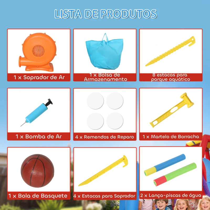 AIYAPLAY Castelo Insuflável para Crianças com Insuflador, Escorrega, Cama Elástica, Piscina e Aro de Basquetebol para Crianças dos 3 aos 8 Anos, Azul
