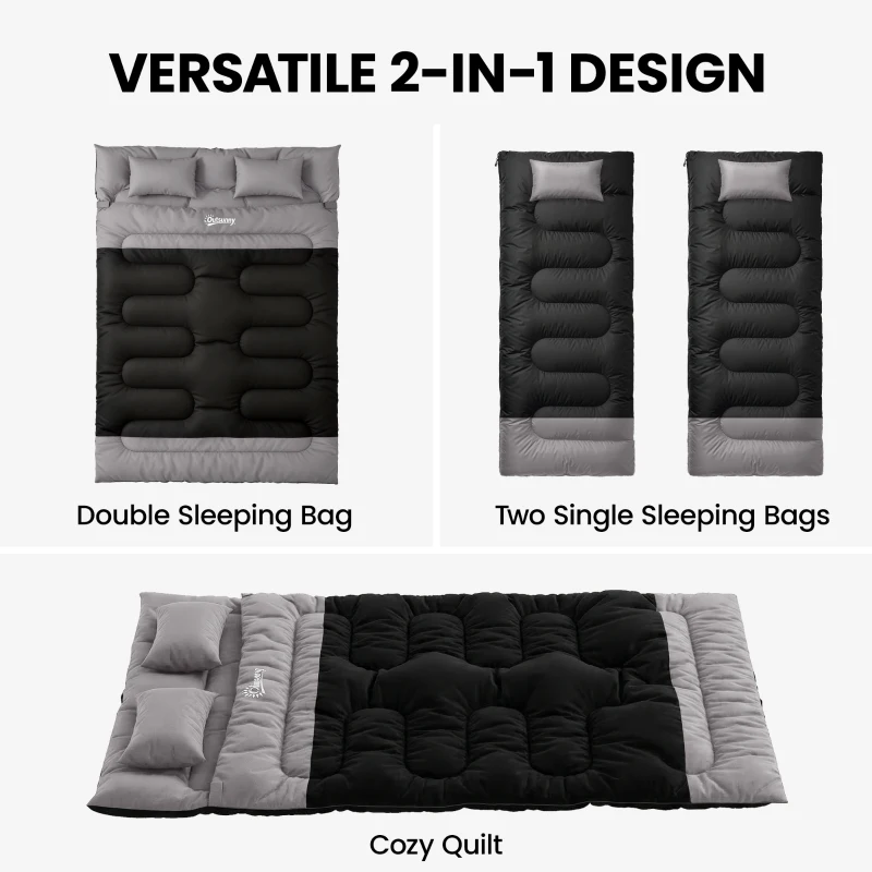 Outsunny Double Sleeping Bag with 2 Pillows, 220 x 160 cm Extra-Large Sleeping Bag for Adults, Black and Grey