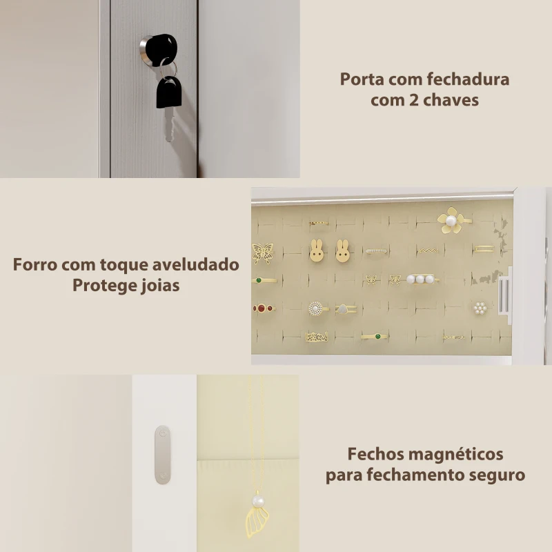 HOMCOM Espelho para Joias com Luz LED Montado na Parede ou na Porta com Fechadura Espelho de Corpo Inteiro 2 Gavetas Branco