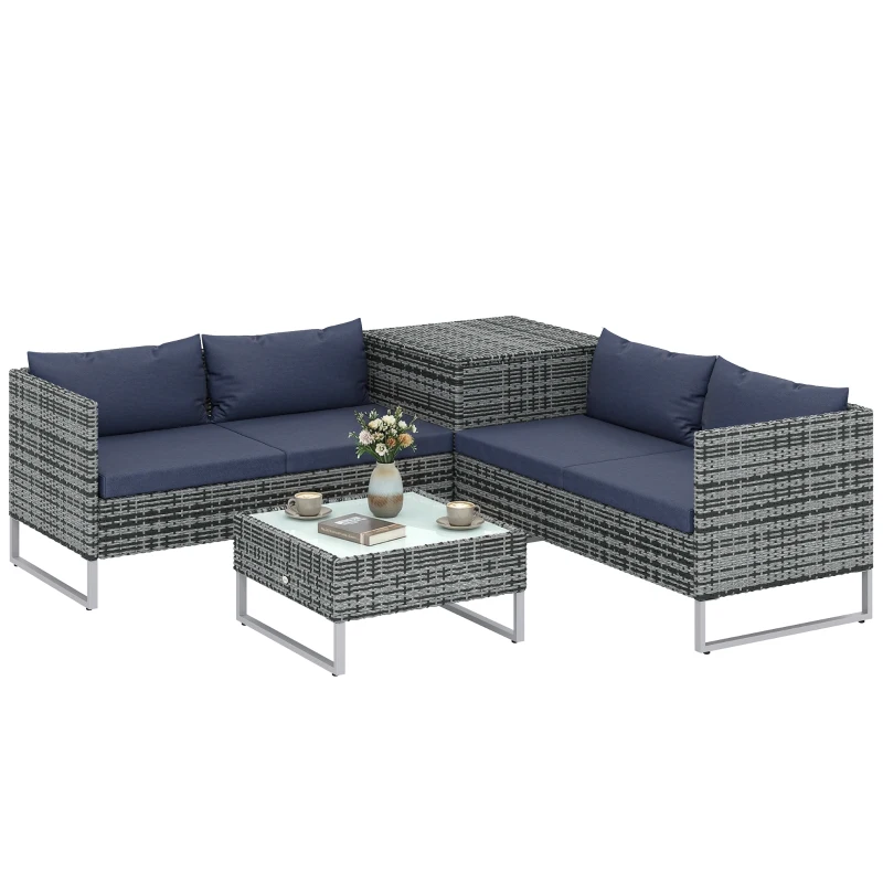 Outsunny 4 Piece Rattan Garden Furniture Set, Outdoor Corner Sofa Set with Storage Table, Loveseats, Cushions - Dark Blue
