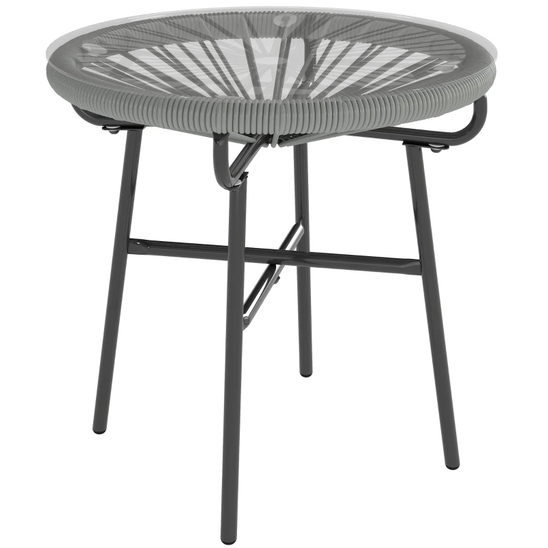 Outsunny Rattan Side Table, Round Outdoor Coffee Table, with Round PE Rattan and Tempered Glass Tabletop, Light Grey