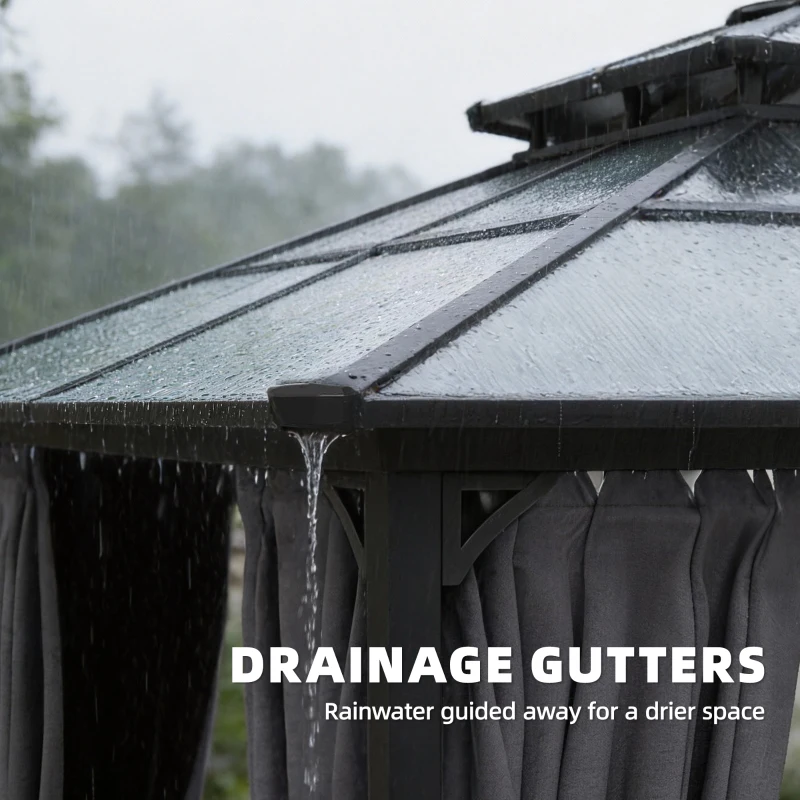 Outsunny 2.5 x 2.5 m Hardtop Gazebo Canopy with Double PC Roof, Drainage Gutters, Garden Gazebo Permanent Pavilion, Dark Grey