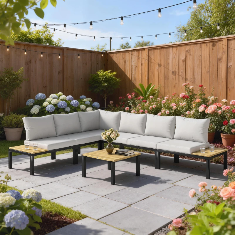 Outsunny Set de grădină modular 6 piese Set canapea exterior transformabil într-un pat Masă de cafea și măsuțe laterale Gri