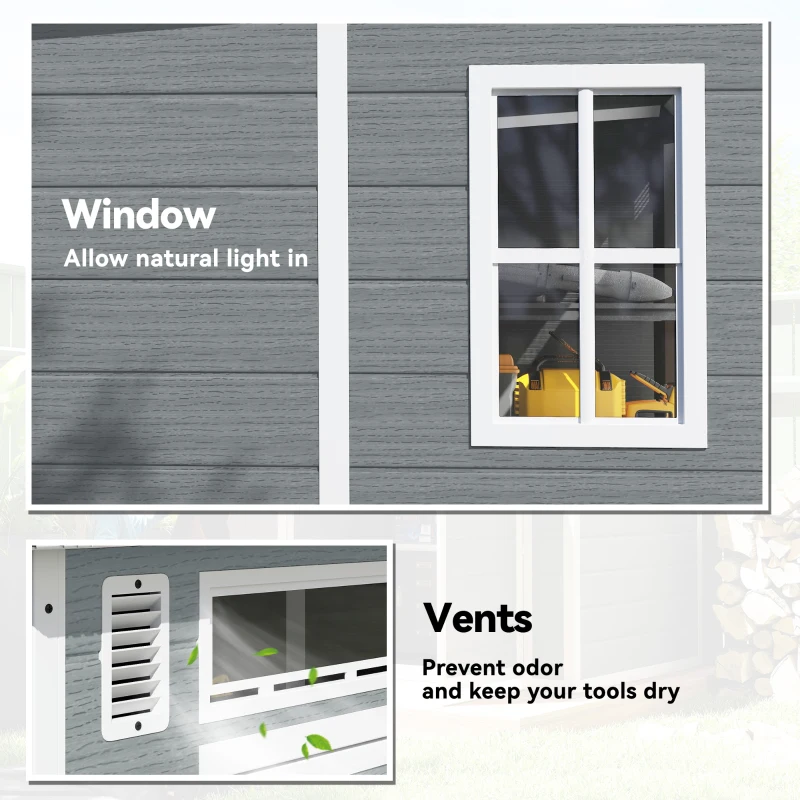 Outsunny 6 x 6 ft Plastic Garden Shed, Wood-Effect Outdoor Storage Shed with Floor, Windows, Lockable Doors and Vents, Grey