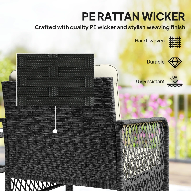 Outsunny 3 Pieces Rattan Bistro Set with Glass Top Coffee Table, Chairs and Cushions for Outdoor, Patio, Balcony, Cream