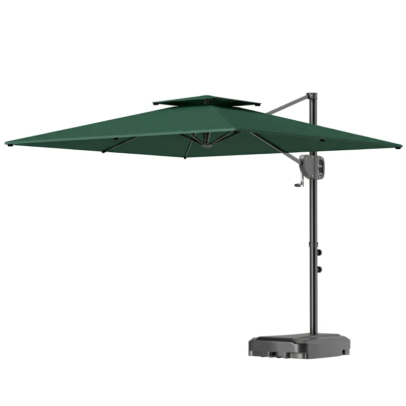 Outsunny Cantilever Parasol with Weighted Base Double Top Garden Parasol Square Hanging Patio Umbrella with Crank Tilt Dark Green