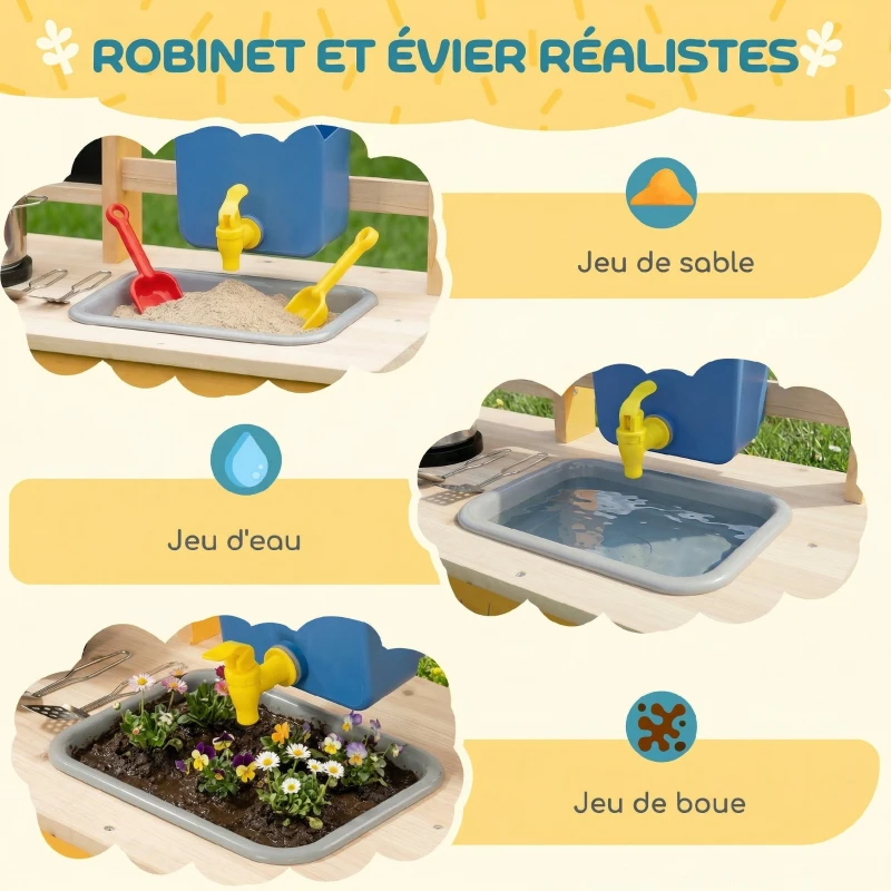 AIYAPLAY Cuisine enfant en bois avec roulettes, cuisine enfant exterieur avec eau courante, évier, plaque de cuisson, jaune