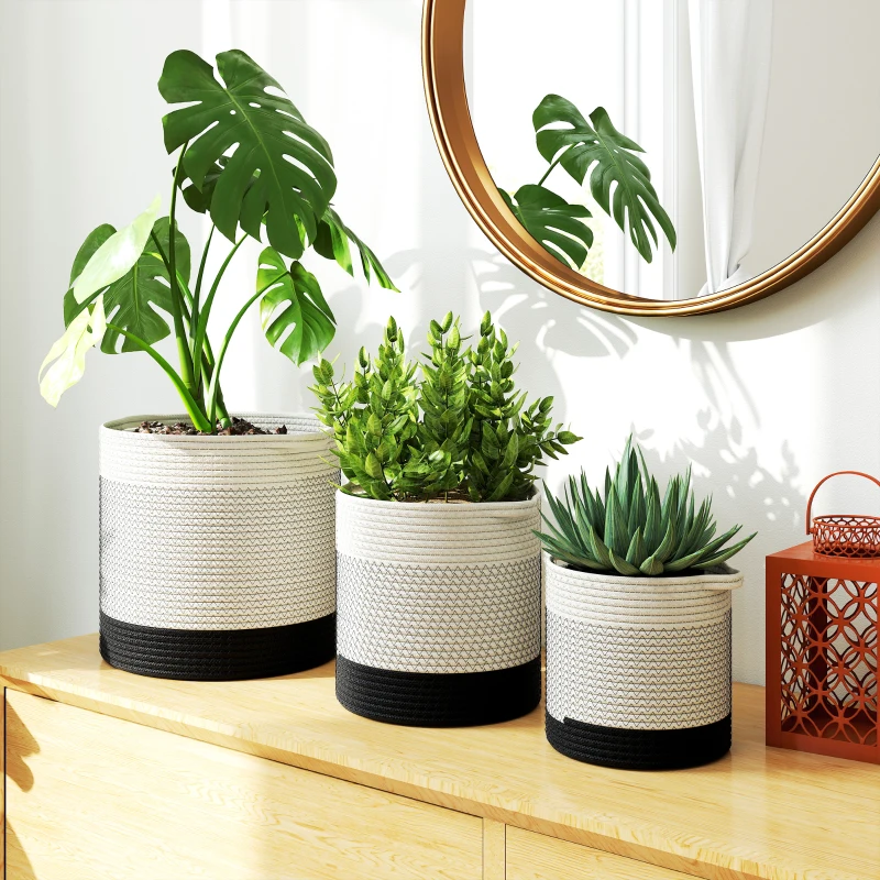 Outsunny Plant Pots Handwoven Cotton Indoor Planters with Waterproof Liner Set of 3 White