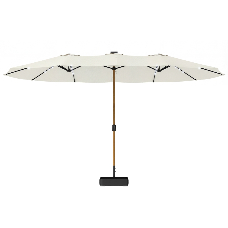Outsunny Double Sided Garden Parasol with Base Included & 48 Solar LED Lights Patio Umbrella Crank Handle 4.6m Cream White
