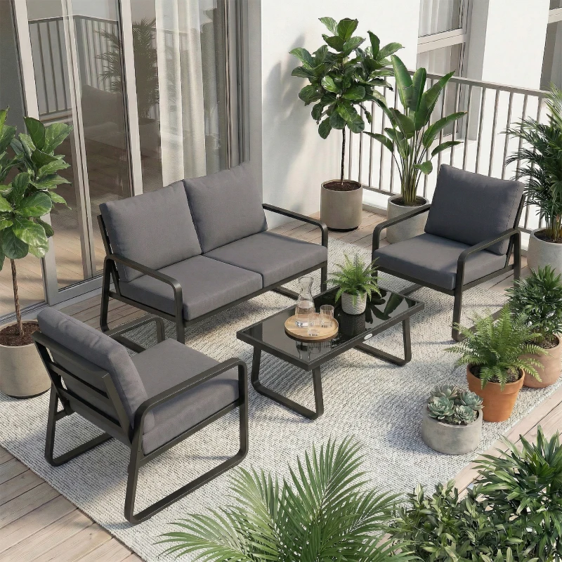 Outsunny Salon de Jardin 4 Pièces avec Coussins Déhoussables Très Épais 10cm Table Basse en Verre Trempé Noir